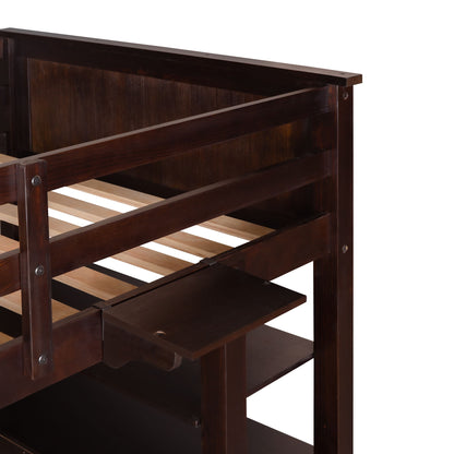 Twin Size Loft Bed With Drawers And Desk, With Shelves - Espresso