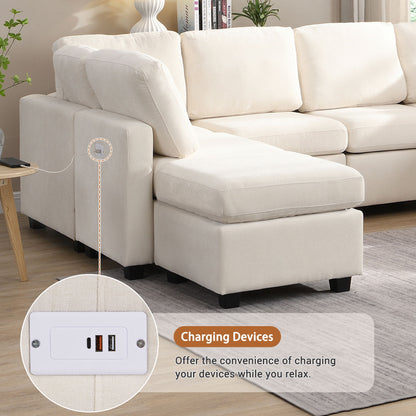 Sectional Sofa Couch Sofa Bed U-Shaped Sofa With Two Movable Ottoman And Three USB Ports For Living Room - Beige