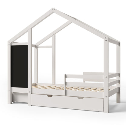 Twin House Bed With Blackboard And Drawers, 2 Assembly Options - White