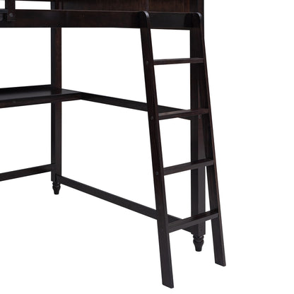 Full Size Loft Bed With Drawers And Desk With Shelves - Espresso