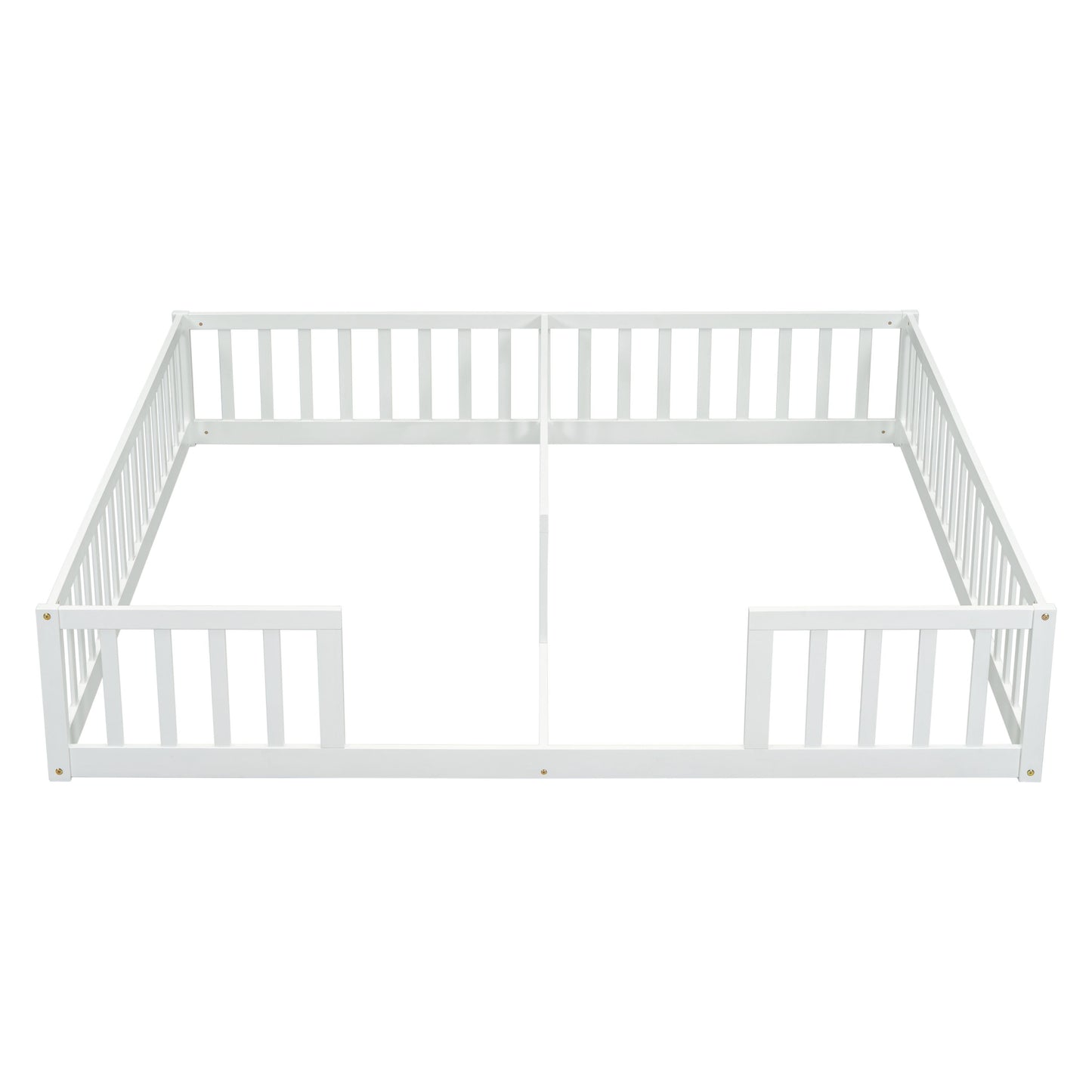 Double Twin Floor Bed With Fence, Guardrails, Without Door - White