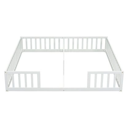 Double Twin Floor Bed With Fence, Guardrails, Without Door - White