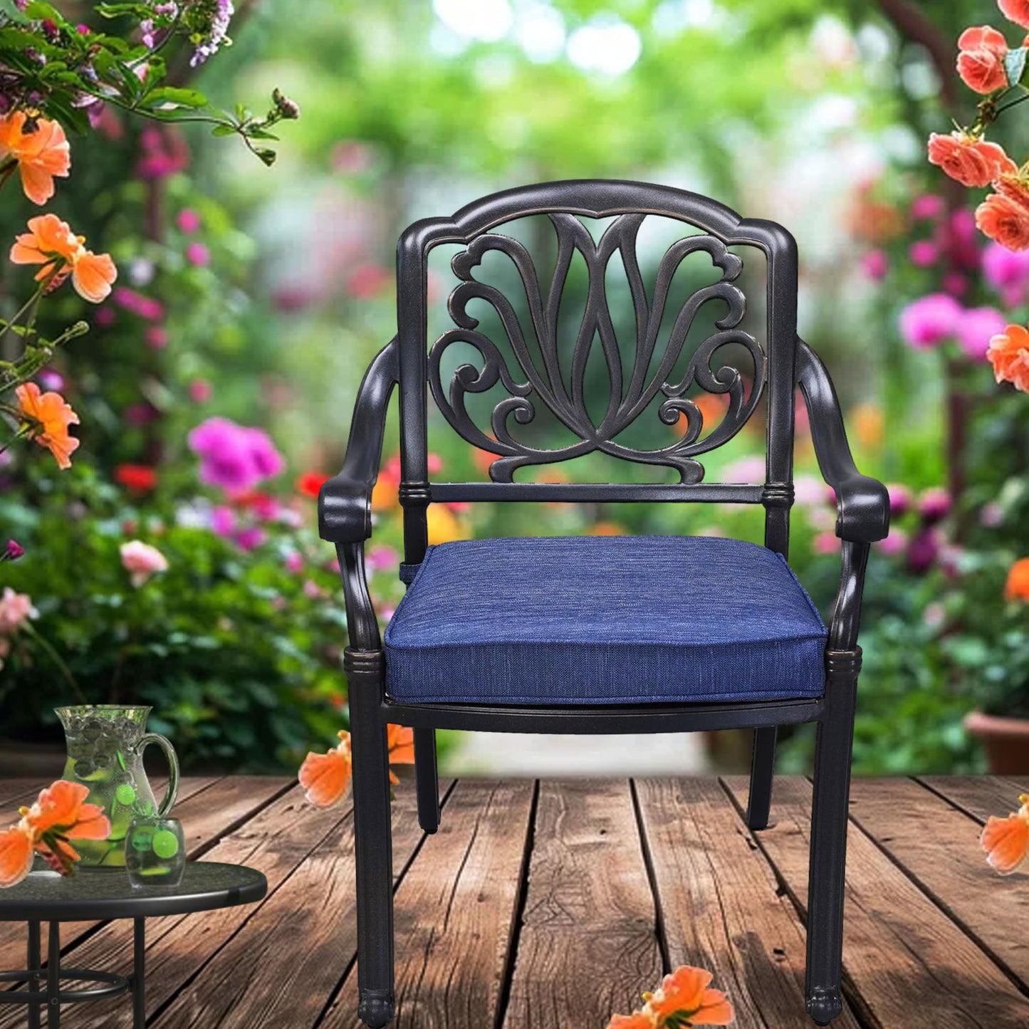 Patio Outdoor Aluminum Dining Armchair With Cushion (Set of 2) - Navy Blue