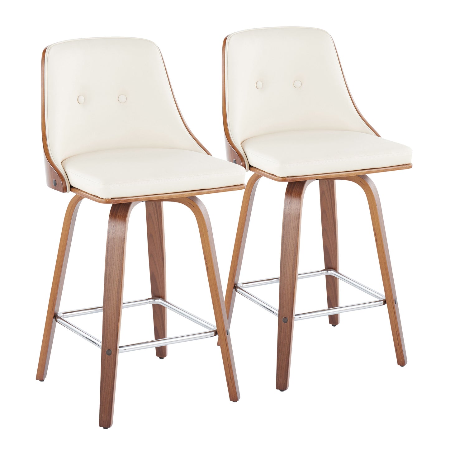 Gianna - Mid-Century Modern Fixed Height Counter Stool With Swivel With Square Footrest (Set of 2) - Walnut / Light Cream
