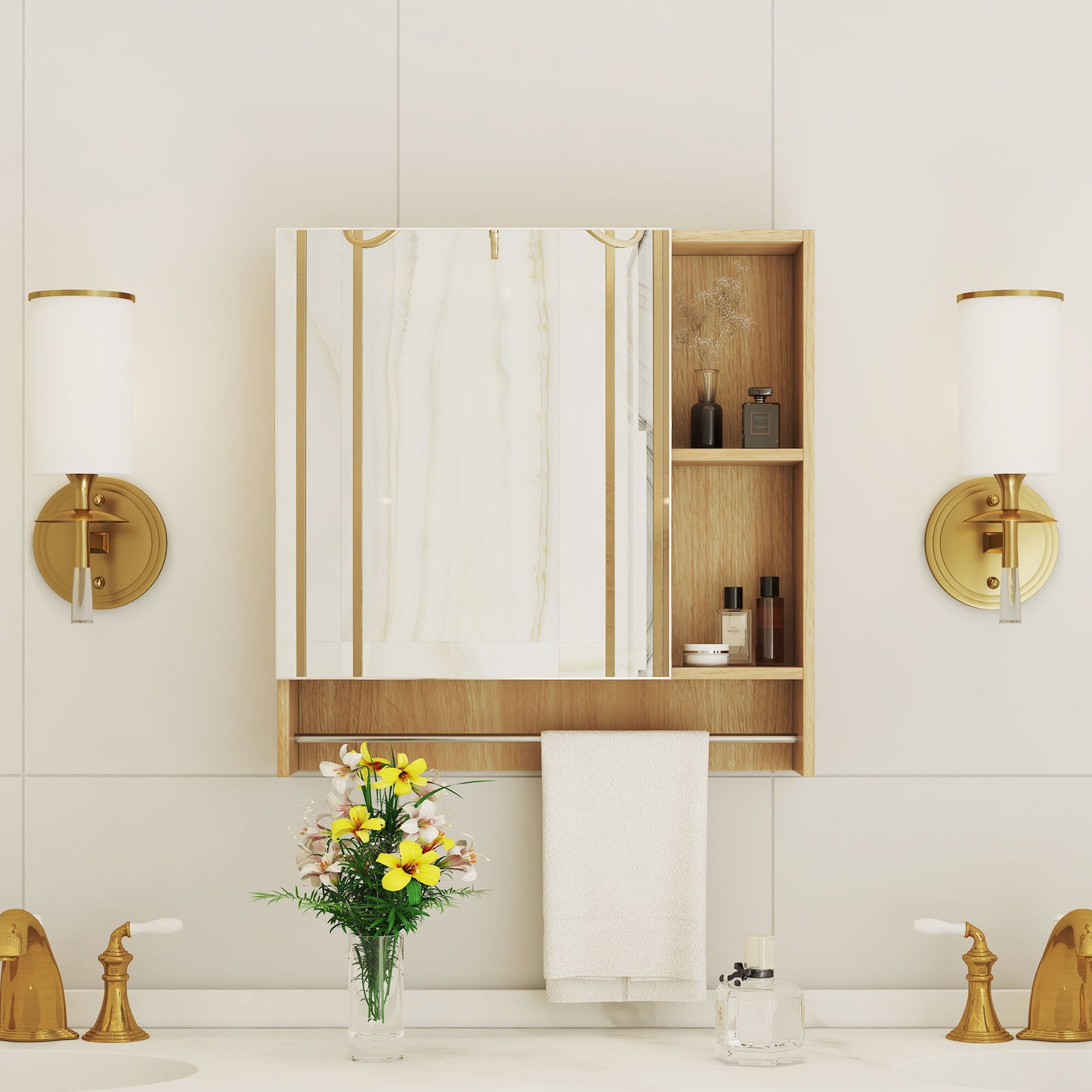 Bathroom Mirror Cabinet Wall Mounted, Medicine Cabinet, Over The Toilet Storage Cabinet With Shelves And Towel Rack - Burly Wood