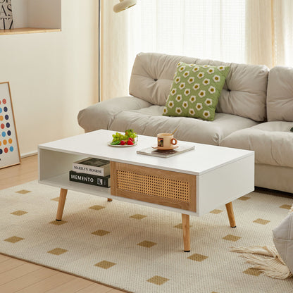 41.34" Rattan Coffee Table, Sliding Door For Storage, Solid Wood Legs, Modern Table For Living Room - White
