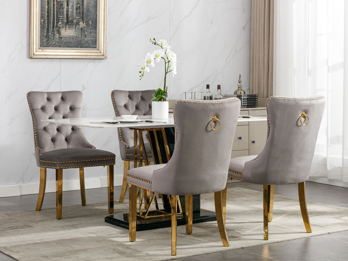 Nikki - Modern, High-End Tufted Solid Wood Contemporary Velvet Upholstered Dining Chair With Golden Stainless Steel Plating Legs, Nailhead Trim (Set of 2) - Gray / Gold