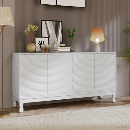 Elegant Sideboard With Sophisticated Wavy Pattern Doors And Arched Groove Design In A Stylish 4 Door Layout, Adjustable For Study, Entryway And Living Room - White