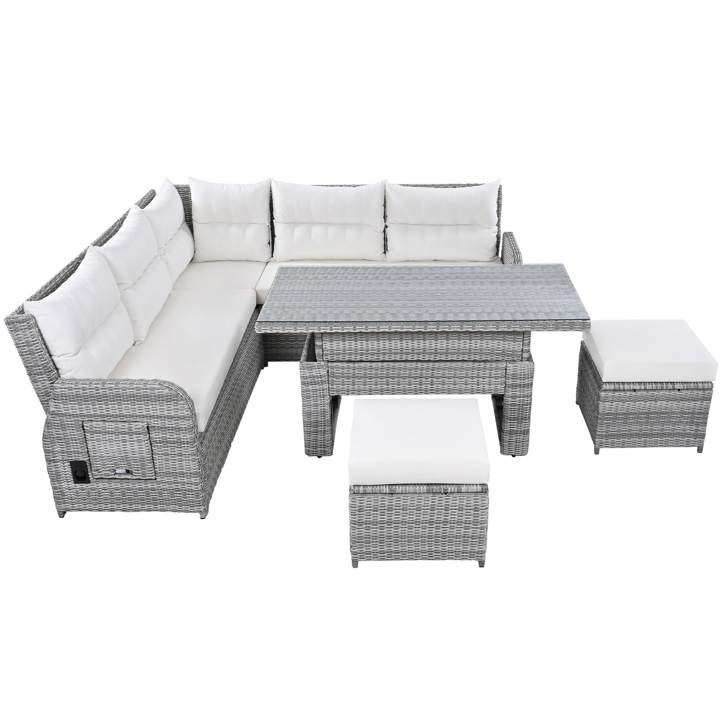 Outdoor Furniture Set Patio Rattan Furniture Set With An Adjustable Table, Recliners With Extendable Side Tables, And 2 Ottomans For Patio, Lawn, Backyard, Pool - Beige