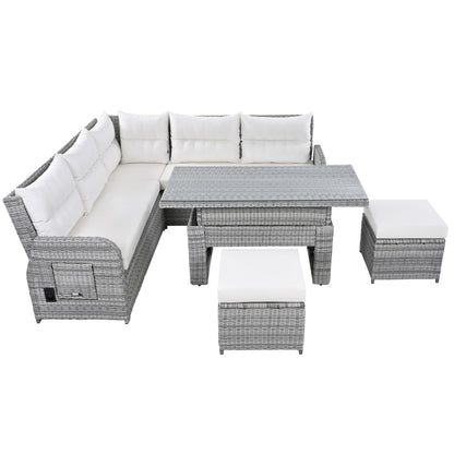 Outdoor Furniture Set Patio Rattan Furniture Set With An Adjustable Table, Recliners With Extendable Side Tables, And 2 Ottomans For Patio, Lawn, Backyard, Pool - Beige