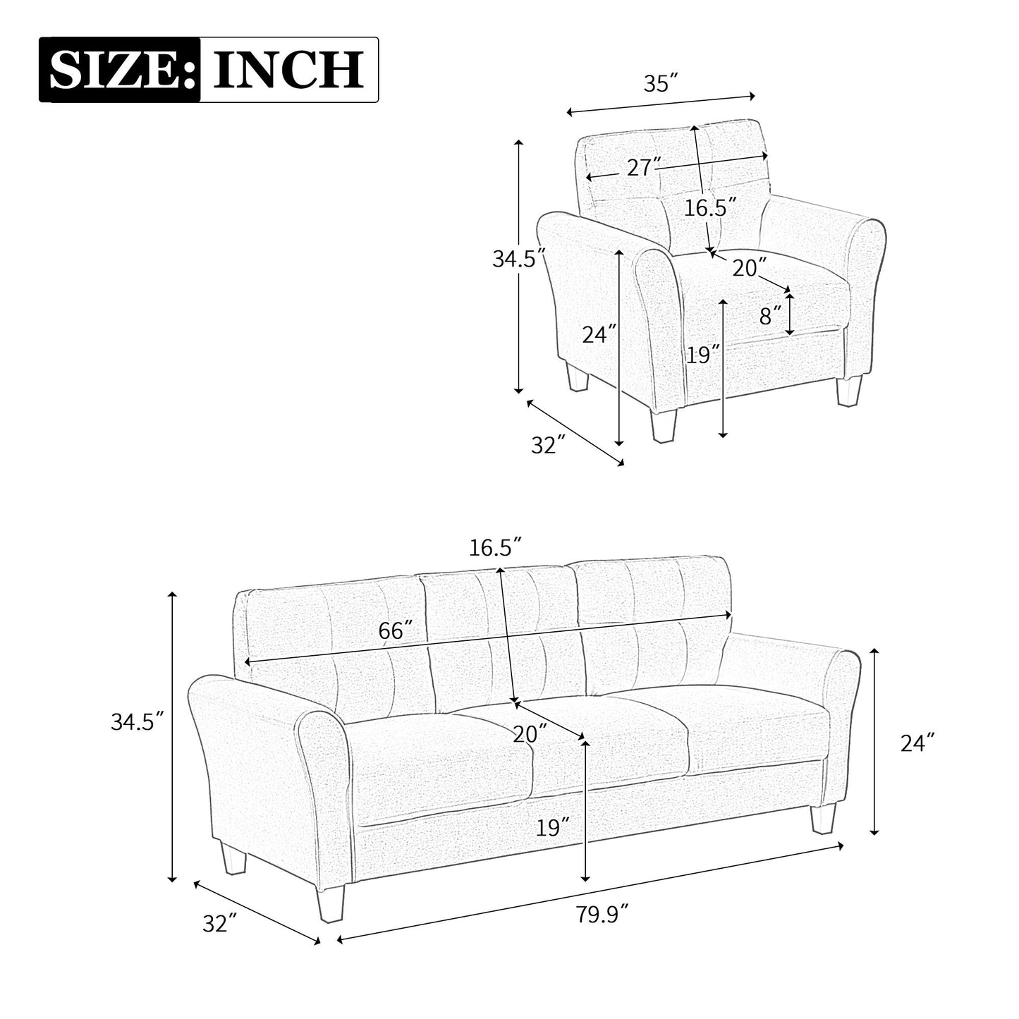 Modern Living Room Sofa Set Linen Upholstered Couch Furniture For Home Or Office - Light Gray / Blue