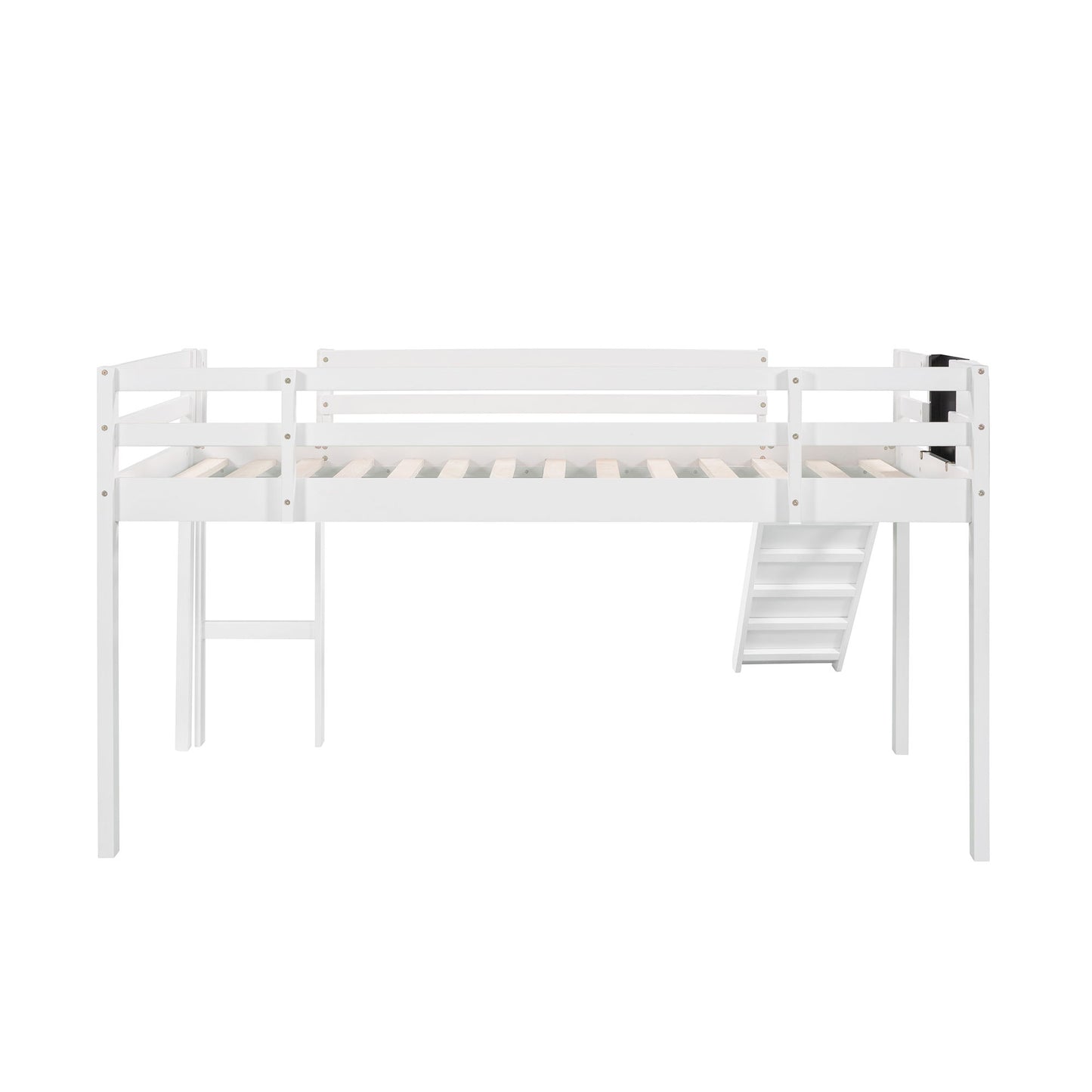 Twin Size Loft Bed With Slide, Stair And Chalkboard - White