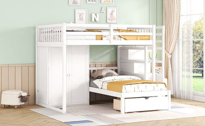 Full Over Twin Bunk Bed With Wardrobe, Drawers - White