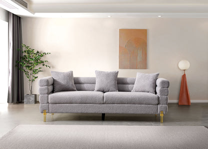 Luxurious And Comfortable Upholstered Sofa With Golden Legs And Pillows For Living Room And Reception Area - Gray