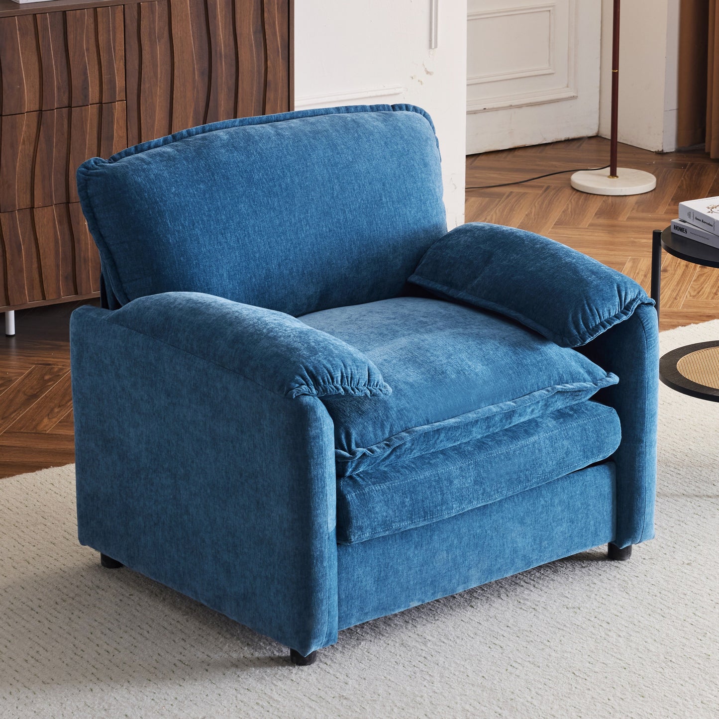 Oversized Reading Armchair With Thick Cushions, High Back Support - Blue