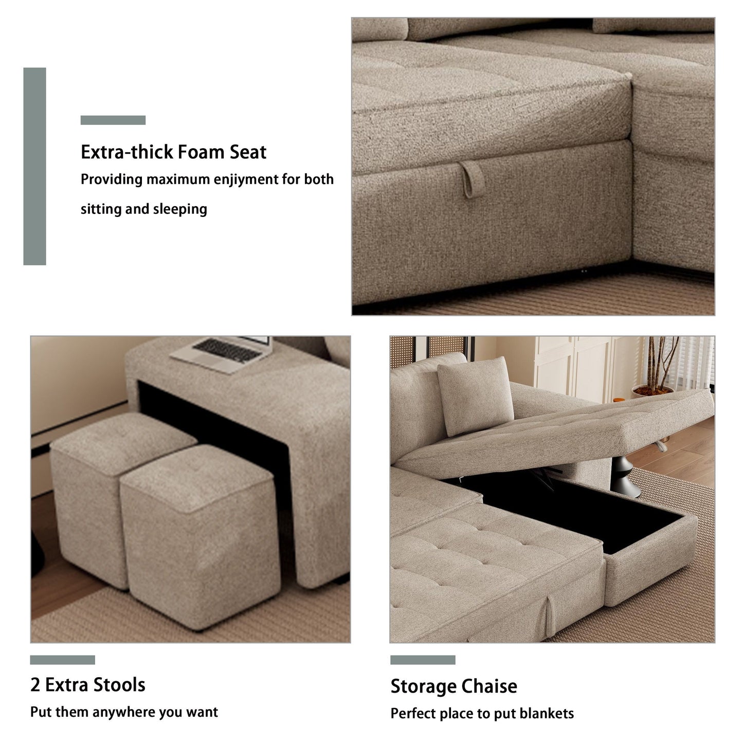 Modern L-Shape 3 Seat Reversible Sectional Couch, Pull Out Sleeper Sofa With Storage Chaise And 2 Stools For Living Room Furniture Set - Cream