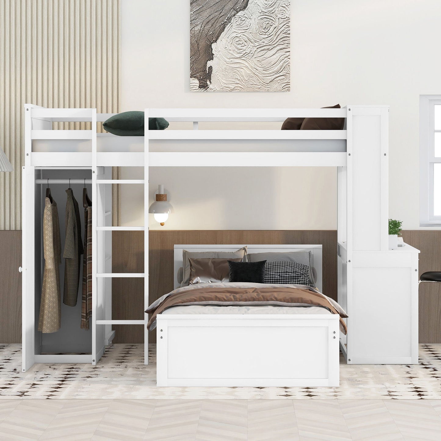 Twin Size Loft Bed With A Stand Alone Bed, Shelves, Desk, And Wardrobe - White