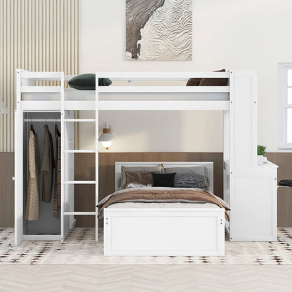 Twin Size Loft Bed With A Stand Alone Bed, Shelves, Desk, And Wardrobe - White