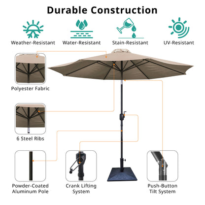 8.8' Outdoor Aluminum Patio Umbrella, Patio Umbrella, Market Umbrella With 42 Pound Square Resin Umbrella Base, Push Button Tilt And Crank Lift - Taupe
