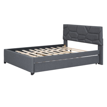 Full Size Upholstered Platform Bed With Brick Pattern Headboard, With Twin Size Trundle And 2 Drawers - Gray