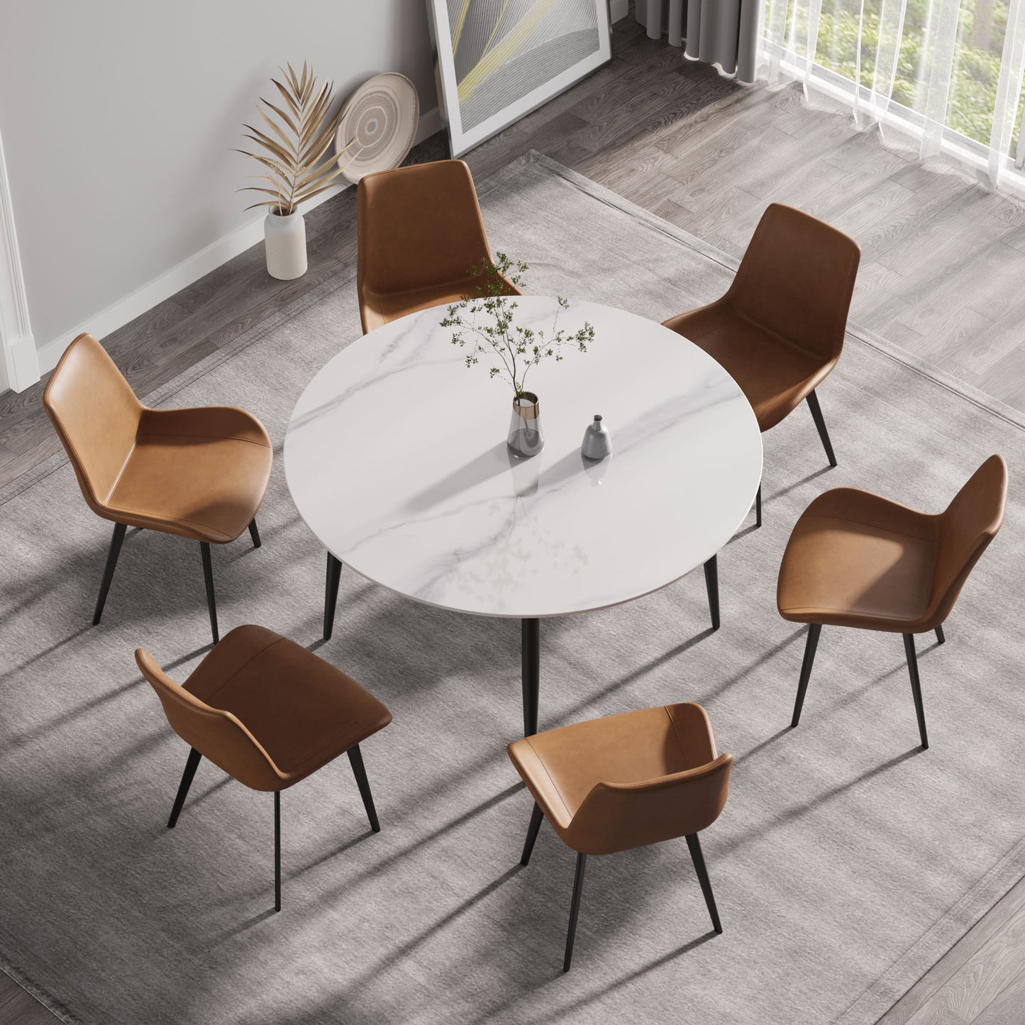 53.15" Modern Man-Made Stone Round Metal Dining Table-Position For 6 People - White / Black