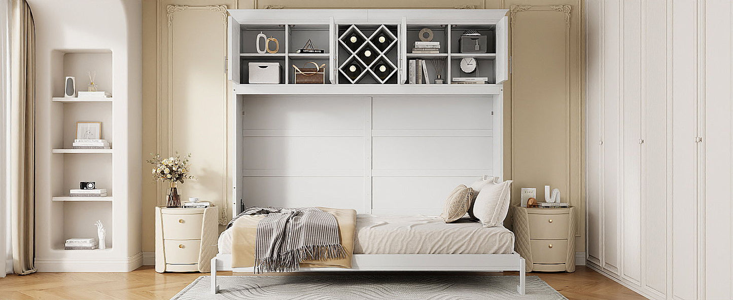 Queen Size Murphy Wall Bed With Top Cabinets & Wine Rack - White
