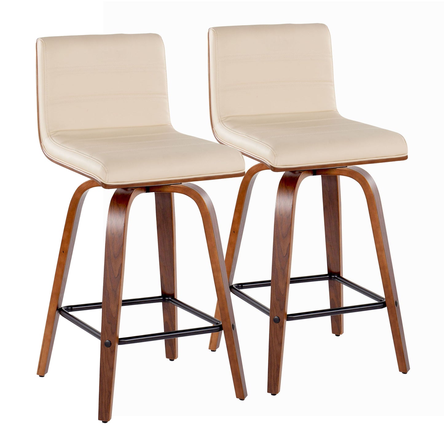Vasari - Mid-Century Modern Fixed Height Counter Stool With Swivel And Square Footrest (Set of 2) - Walnut / Cream