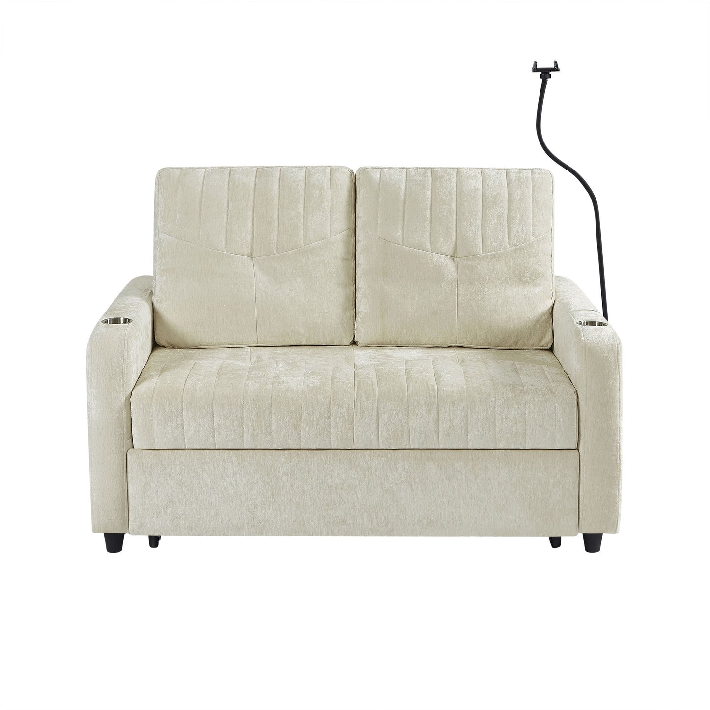 Modern Loveseat Pull Out Sofa Bed With Adjustable Backrest, Two Cup Holders, A Phone Holder, Three Charging Ports And Side Storage Pockets For Living Room - Beige
