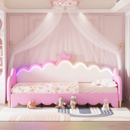 Twin Extending Daybed With LED Lights, Modern Upholstered Princess Daybed With Crown Headboard - Pink