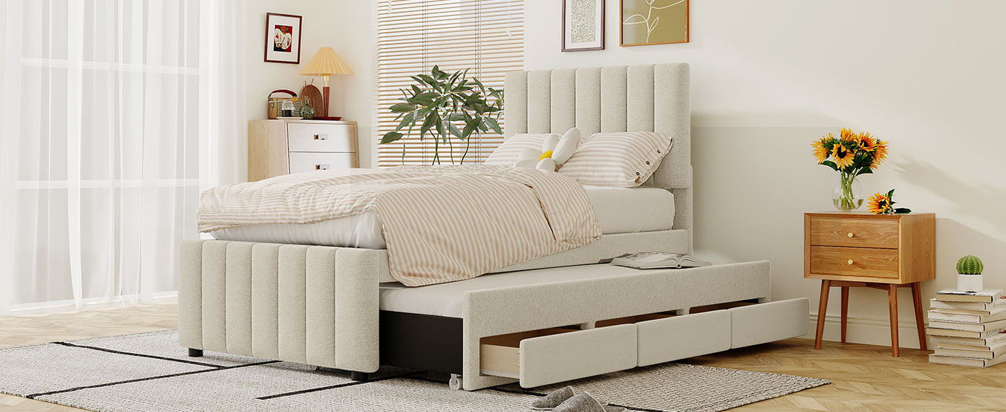 Twin Size Upholstered Platform Bed With Trundle And 3 Drawers - Beige
