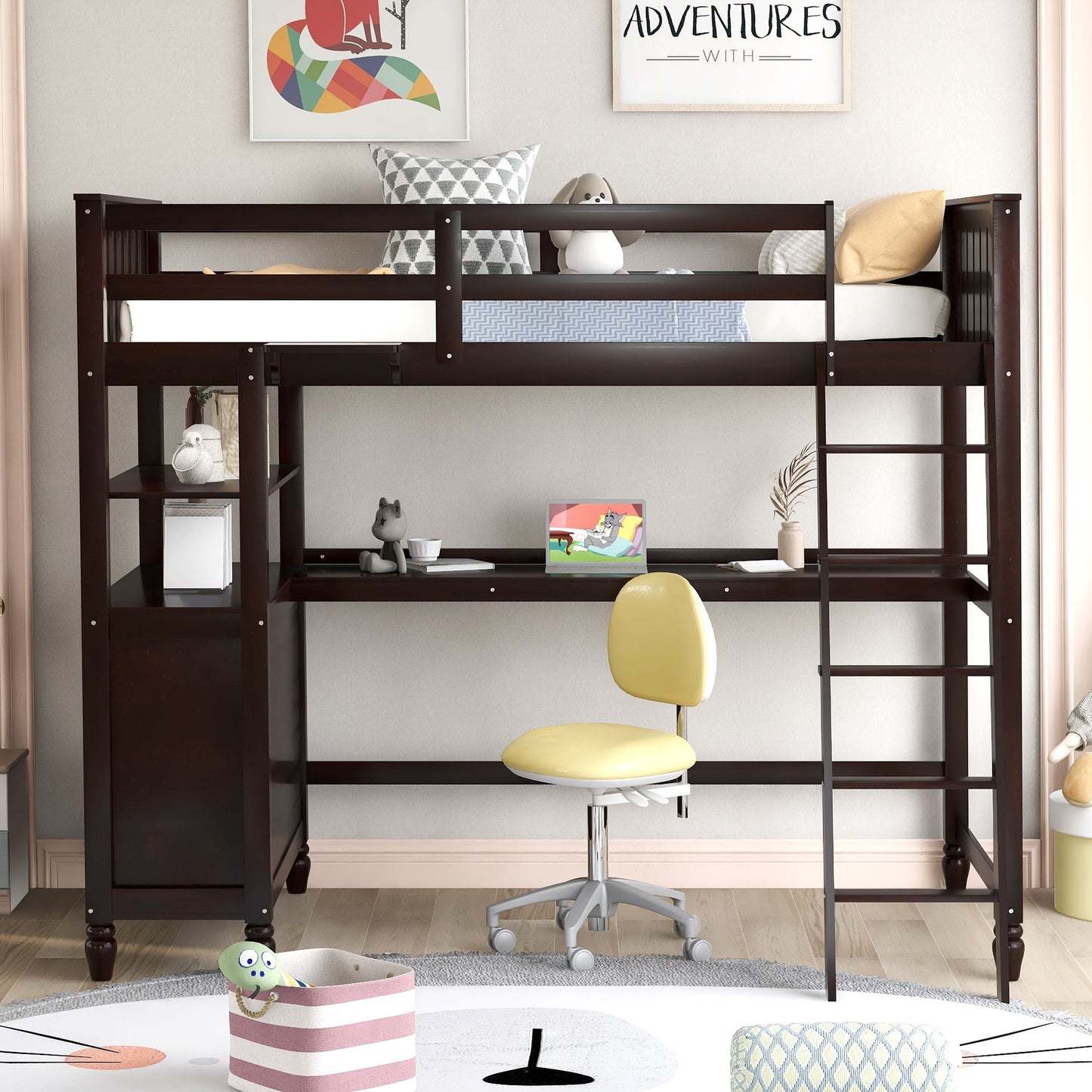 Twin Size Loft Bed With Drawers And Desk, With Shelves - Espresso