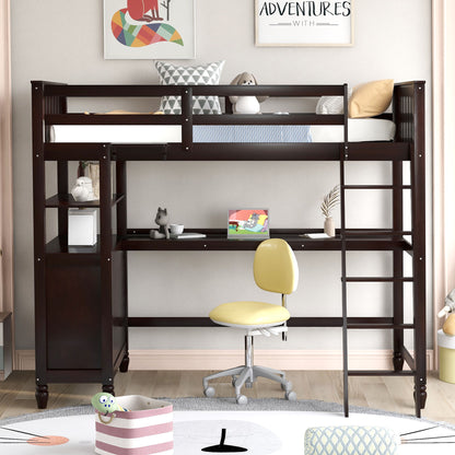 Twin Size Loft Bed With Drawers And Desk, With Shelves - Espresso