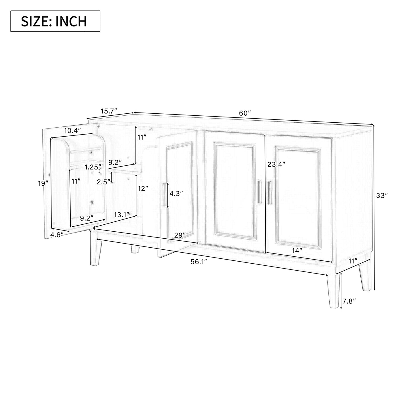 4 Door Sideboard Storage Cabinet With Door Shelf For Living Room And Dining Room, 2 Large Cabinets With Adjustable Shelf - Black