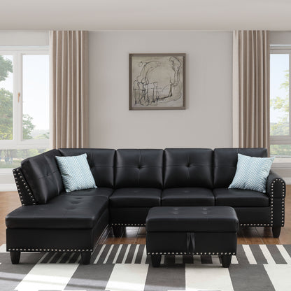 Irine - Faux Leather Sectional Sofa With Ottoman - Black