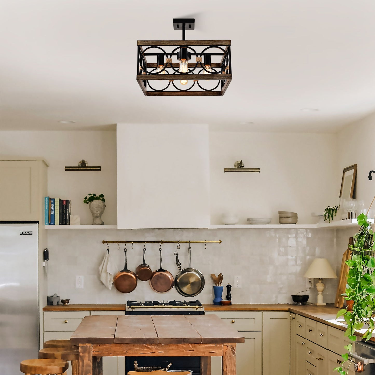 4 Light Square Kitchen Island Lights Ceiling Light Farmhouse Dining Room Light Fixture, Wood And Metal Rectangular Ceiling Light, Ceiling Lighting For Living Room, Conference Room, Home Office - Black