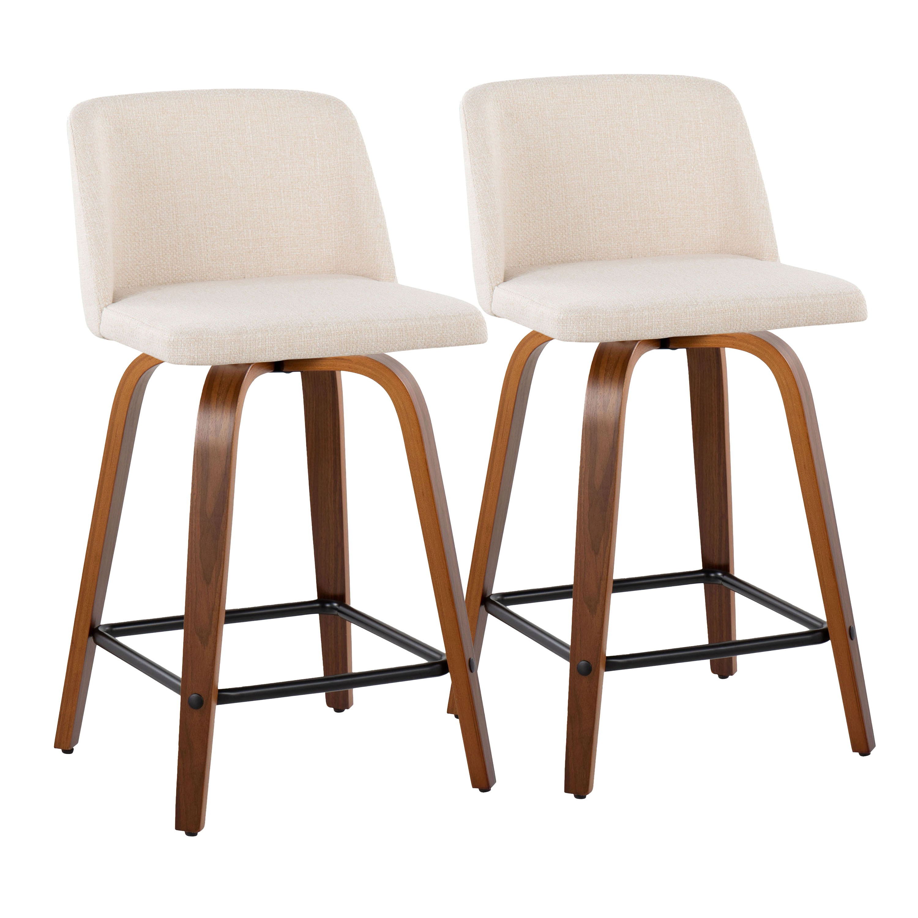 Toriano - Mid-Century Modern Fixed Height Counter Stool With Swivel & Square Footrest (Set of 2) - Walnut / Cream