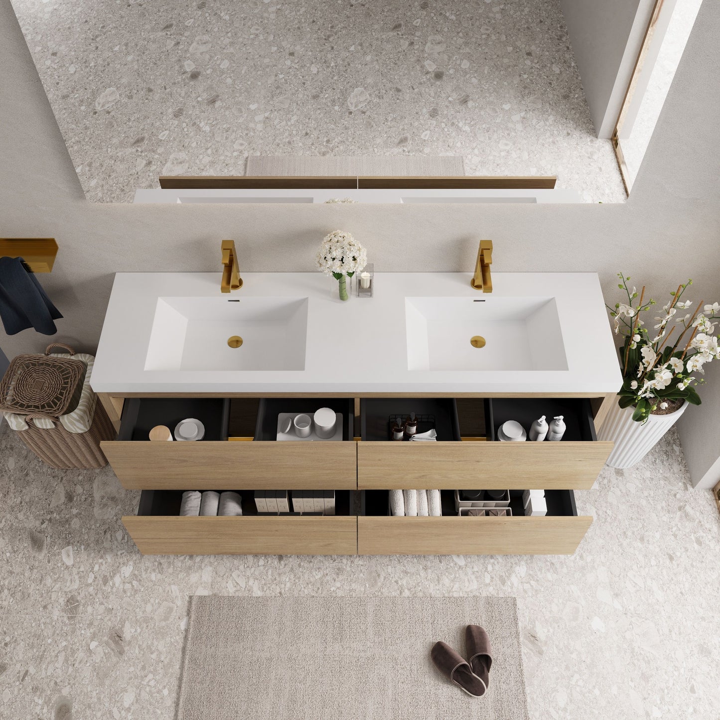 Bathin Freestanding Bathroom Vanity With Double Sinks, Bathroom Storage Vanity Cabinet With Stone Resin Countertop And Soft Close Drawers - Natural Oak