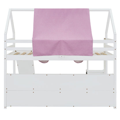 Twin Size Charming House Shaped Loft Bed With Tent And Slide - White / Pink