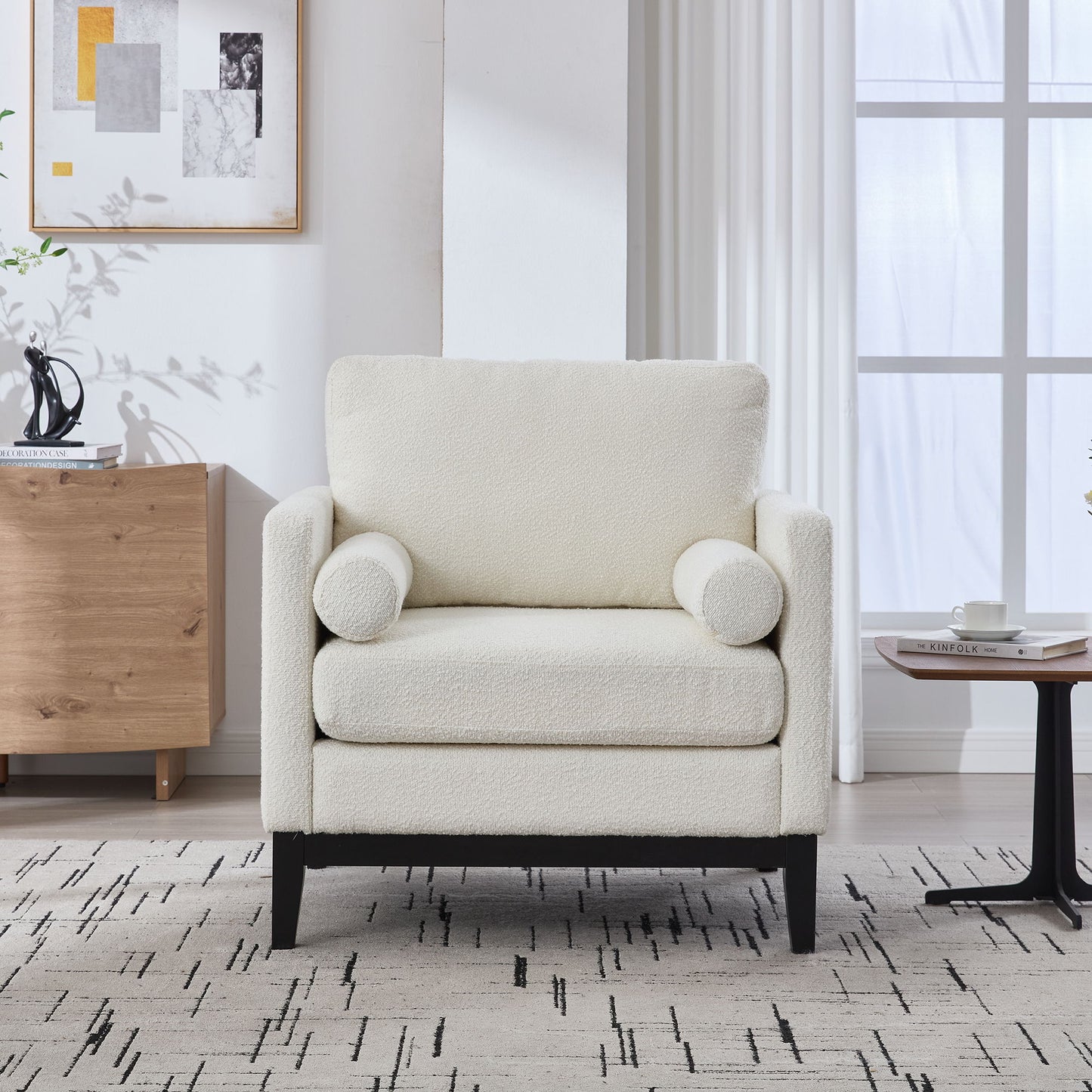 Wide Modern Farmhouse Performance Accent Chair With Black Legs, Wood Base Reading Armchair Single Sofa With 2 Bolster Pillows For Living Room Offices And Lounge - Ivory