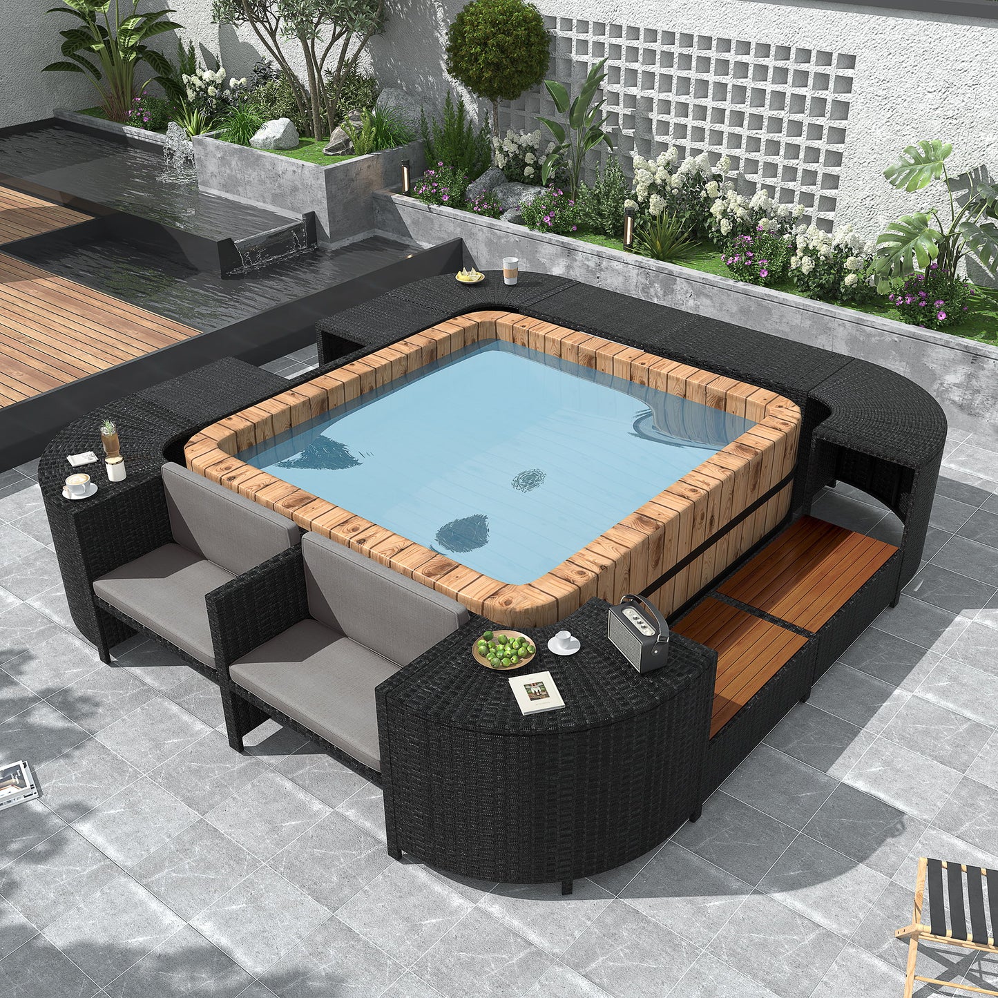 Spa Surround Spa Frame Quadrilateral Outdoor Rattan Sectional Sofa Set With Mini Sofa, Wooden Seats And Storage Spaces - Gray