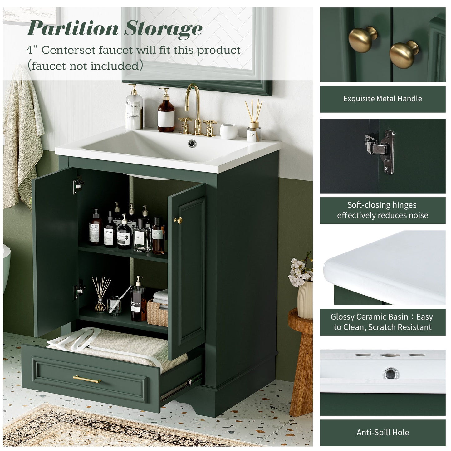 Bathroom Vanity With Ceramic Sink Combo, Modern Freestanding Storage Cabinet With Silver Handles, Soft Closing Doors - Green
