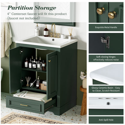Bathroom Vanity With Ceramic Sink Combo, Modern Freestanding Storage Cabinet With Silver Handles, Soft Closing Doors - Green