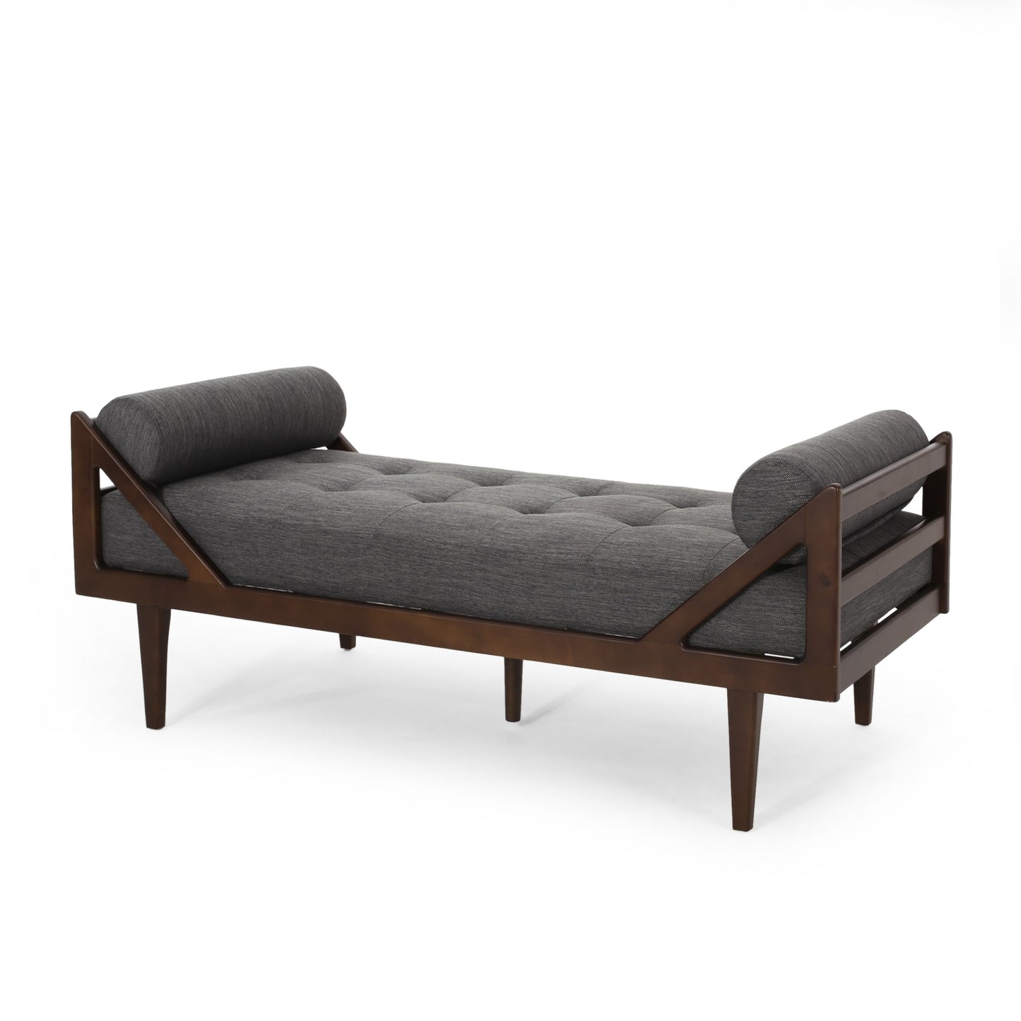 Contemporary Fabric Chaise Lounge With Button Tufted Waffle Stitching And Rolled Accent Pillows - Charcoal