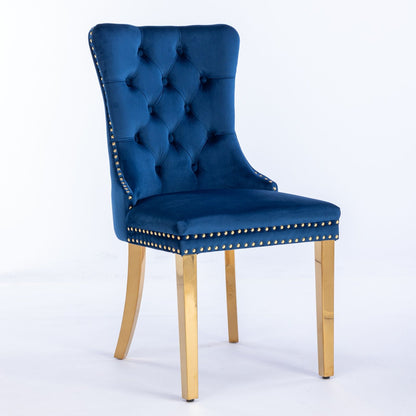 Nikki - Modern, High-End Tufted Solid Wood Contemporary Velvet Upholstered Dining Chair With Golden Stainless Steel Plating Legs, Nailhead Trim (Set of 2) - Blue / Gold