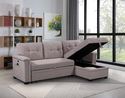 Ashlyn - Reversible Sleeper Sectional Sofa With Storage Chaise, USB Charging Ports And Pocket - Light Gray