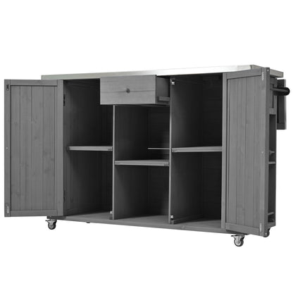 Outdoor Kitchen Island Fir Wood Kitchen Island With Stainless Steel Top, Ample Storage Space, Towel And Spice Racks And A Bottle Opener For Outdoor - Gray
