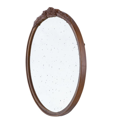 Round Hand Carved Rose Antique Mirror Frame, Wall Mirror For Live Space, Bathroom, Entryway Wall Decor - Brown
