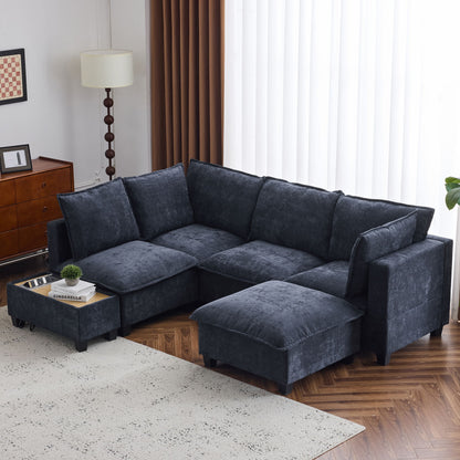 U - Shaped Sectional Sofa Modular Sofa Couch With A Movable Ottoman, A Coffee Table With Hidden Charging Devices For Living Room - Blue
