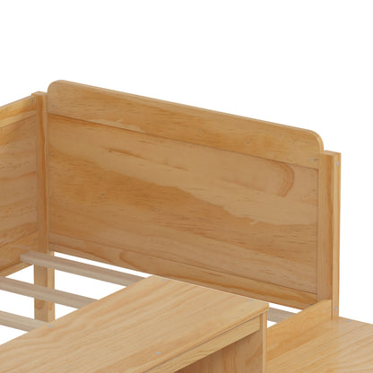 Twin Size Daybed With Storage Shelves And Lockers, Multi Functional Bed With Study Desk And Matching Stool - Natural