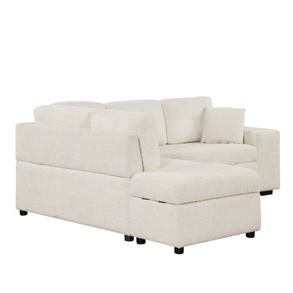 Convertible Sleeper, Sectional Pull Out Sofa Bed With Storage Ottoman, 2 Throw Pillows, 2 Stools, Wireless Charger And Two Hidden USB Ports For Living Room - Cream